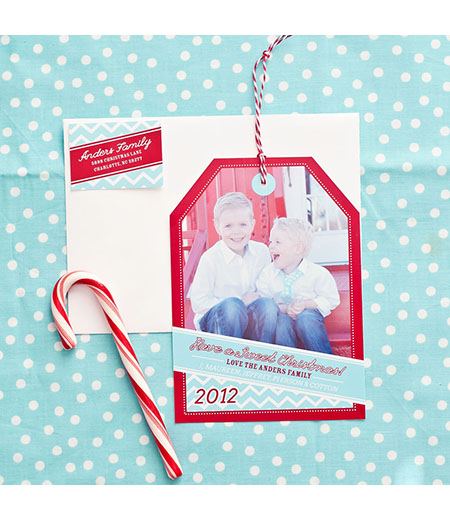 Holiday Photo Hangtag Printable Card - Aqua and Red Chevron - Signature Design